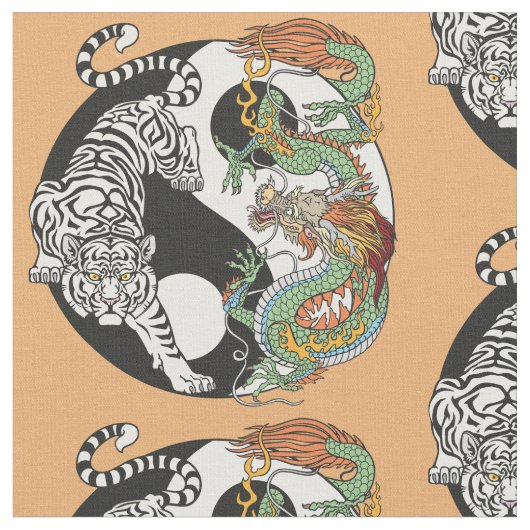 ホワイトタイガー対グリーンドラゴンの陰陽 ファブリック (クローズアップ)