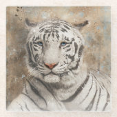 ホワイトタイガー顔写真モダン水彩 ガラスコースター (正面)