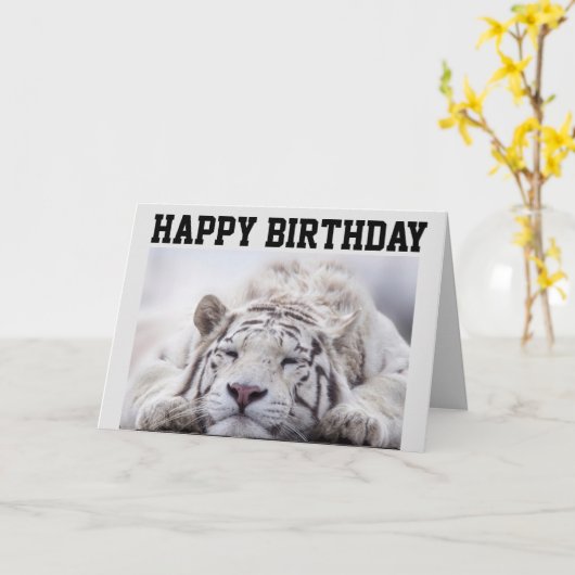 ホワイトタイガー 昼寝、ケーキを食べる、お誕生日カード カード (黄色い花)