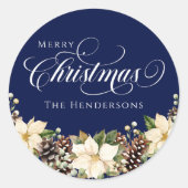 ホワイトタイポグラフィクリスマスポインセチア青 ラウンドシール (正面)