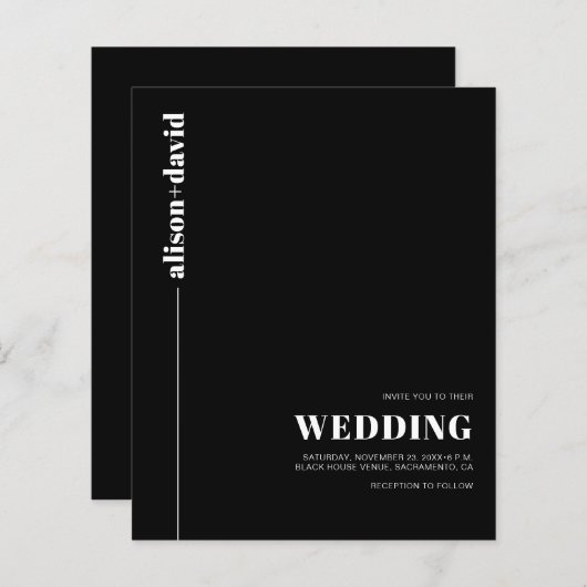 ホワイトタイポグラフィQRコード予算結婚式招待状 (正面/裏面)