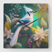 ホワイトタフテッドティール(緑がかった色)ウィングジェイファンタジーバード スクエア壁時計 (正面)