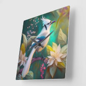 ホワイトタフテッドティール(緑がかった色)ウィングジェイファンタジーバード スクエア壁時計 (傾斜)