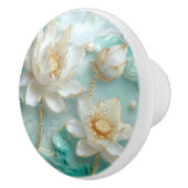 ホワイトターコイズアクアマリン金ゴールドロータスリリー花 セラミックノブ (右)