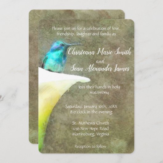 ホワイトターコイズハチドリリリーフローラ水彩 招待状 (正面/裏面)