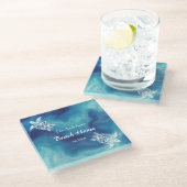 ホワイトタートルズブルー海水色カスタム文字  ガラスコースター (アングル)