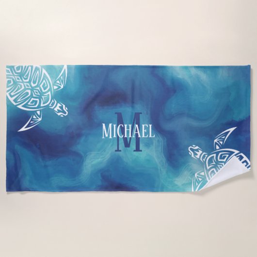 ホワイトタートル部族 |水色（青） |モノグラム ビーチタオル (正面)