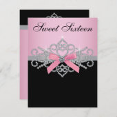 ホワイトダイアモンズピンクブラックスウィート16誕生日パーティー 招待状 (正面/裏面)
