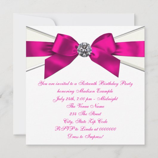 ホワイトダイアモンズホットピンクスウィート16パーティー 招待状 (裏面)