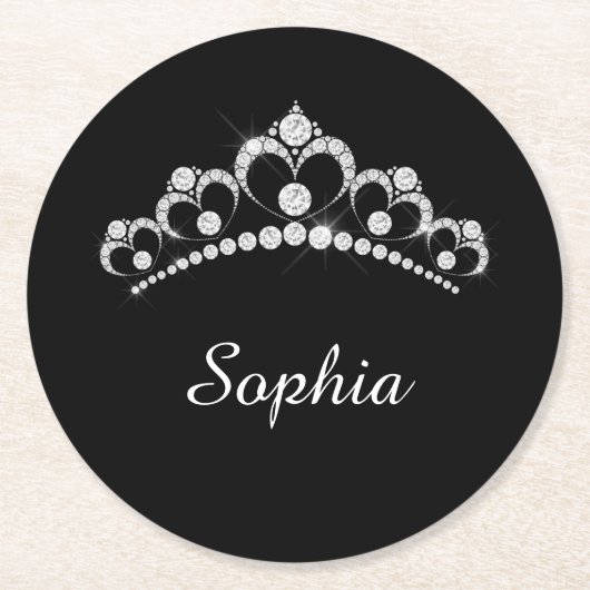 ホワイトダイヤモンドクラウン、DIYスクリプト名、ブラック ラウンドペーパーコースター (正面)