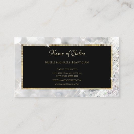 ホワイトダイヤモンドグリッターブラック&金ゴールドヘアサロン 名刺 (裏面)