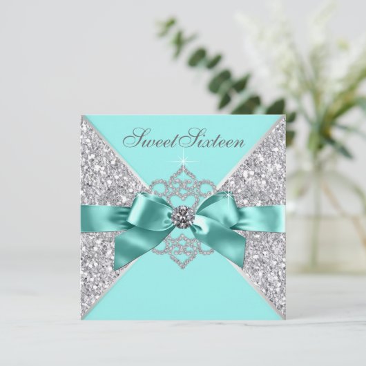 ホワイトダイヤモンドティール（緑がかった色）ブルースウィート16バースデーパーティー 招待状 (スタンド正面)