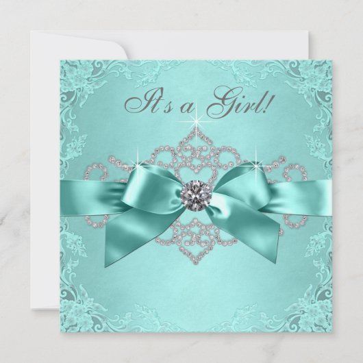 ホワイトダイヤモンドティール(緑がかった色)ブルーベビーシャワー 招待状 (正面)