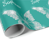 ホワイトダイヤモンドバタフライスパークルスクリプト名，ティール（緑がかった色） ラッピングペーパー (ロールコーナー)