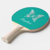 ホワイトダイヤモンドバタフライスパークルスクリプト名，ティール（緑がかった色） 卓球ラケット (正面アングル)