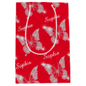 ホワイトダイヤモンドバタフライスパークルスクリプト名，赤 ミディアムペーパーバッグ (正面)