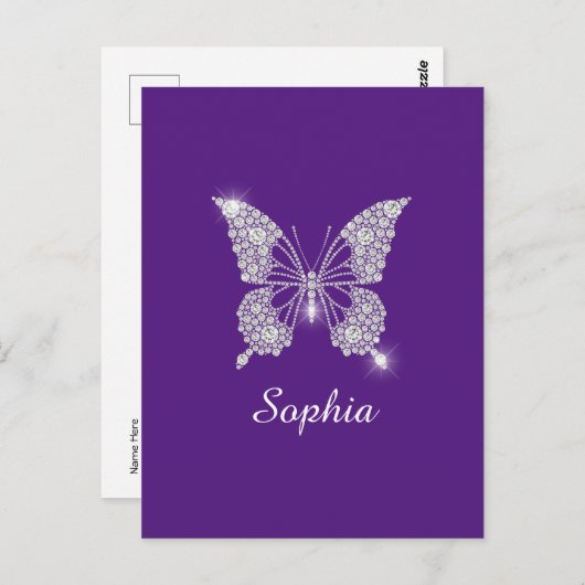 ホワイトダイヤモンドバタフライ、スクリプト名王室の、紫 ポストカード (正面/裏面)
