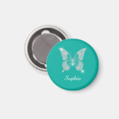 ホワイトダイヤモンドバタフライ、スクリプト名、ティール（緑がかった色） マグネット (正面/裏面)