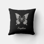 ホワイトダイヤモンドバタフライ、DIYスクリプト名、ブラック クッション (裏面)