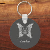 ホワイトダイヤモンドバタフライ、DIY名、ダークグレー キーホルダー (正面)