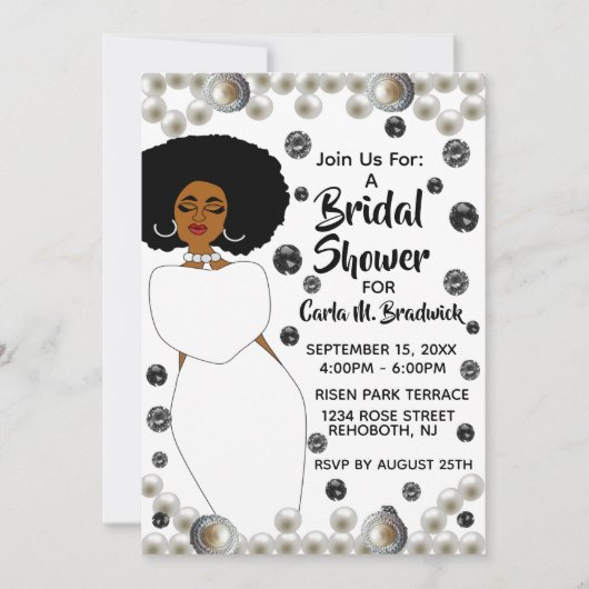 ホワイトダイヤモンドパールアフリカンアメリカンブライダルシャワー 招待状 (正面)