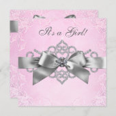 ホワイトダイヤモンドピンクとグレーのベビーシャワー 招待状 (正面/裏面)
