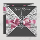 ホワイトダイヤモンドピンクブラックスウィート16誕生日パーティー 招待状 (正面/裏面)