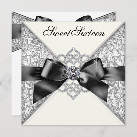 ホワイトダイヤモンド白黒スウィート16バースデーパーティー 招待状 (正面/裏面)
