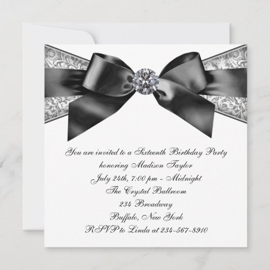 ホワイトダイヤモンド白黒スウィート16バースデーパーティー 招待状 (裏面)