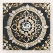 ホワイトダイヤモンド、ゴールドの枠にマンダラデザイン ガラスコースター (正面)