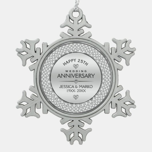 ホワイトダイヤモンド&シルバー25結婚th スノーフレークピューターオーナメント (正面)