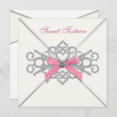 ホワイトダイヤモンド ピンク スイート16 パーティー 招待状 (正面/裏面)