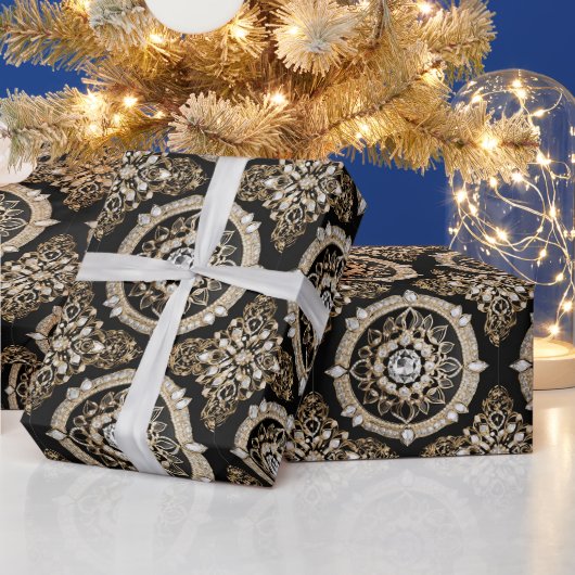 ホワイトダイヤモンド、金ゴールド縁どマンダラグラマーデザイン ラッピングペーパー (クリスマス)