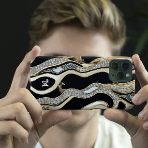 ホワイトダイヤモンド、金ゴールド縁どマンダラデザイン iPhone 15 PROケース