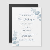 ホワイトダスティブルーユーカリ結婚プトゥスの贅沢 マグネット招待状 (正面/裏面)