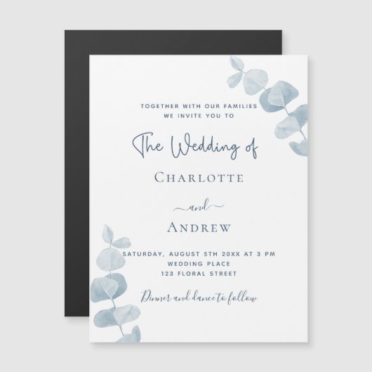 ホワイトダスティブルーユーカリ結婚プトゥスの贅沢 マグネット招待状 (正面/裏面)