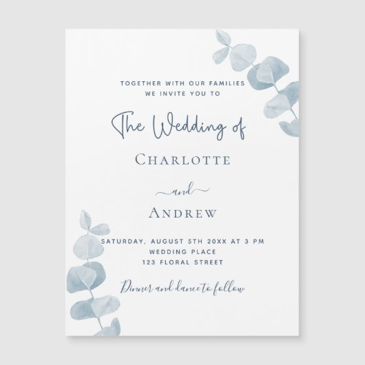 ホワイトダスティブルーユーカリ結婚プトゥスの贅沢 マグネット招待状 (正面)