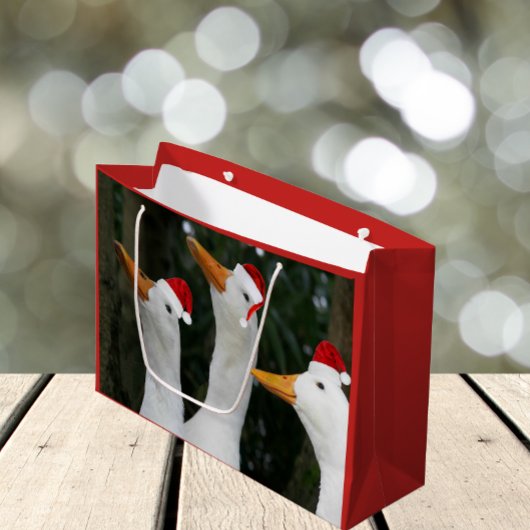ホワイトダックおもしろいズインレッドサンタキャップスホリデー ラージペーパーバッグ