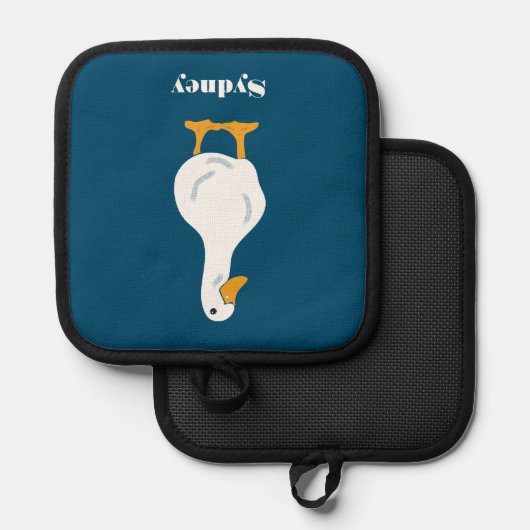 ホワイトダックパーソナライズされたイラストレーションオンブルー 鍋敷き (正面/裏面)