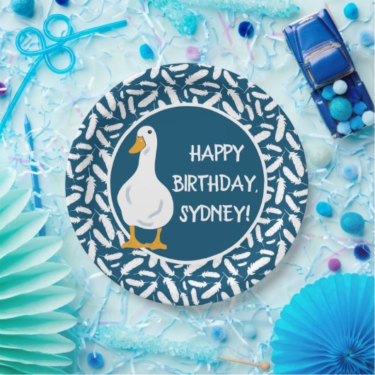 ホワイトダックパーソナライズされたイラストレーションネイビーブルー ペーパープレート (パーティー)