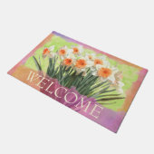 ホワイトダッフォディルコーラルフローラ歓迎 ドアマット (アングル)