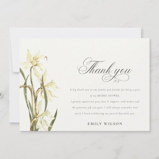 ホワイトダッフォディルフローラ水彩ブライダルシャワー サンキューカード (正面)