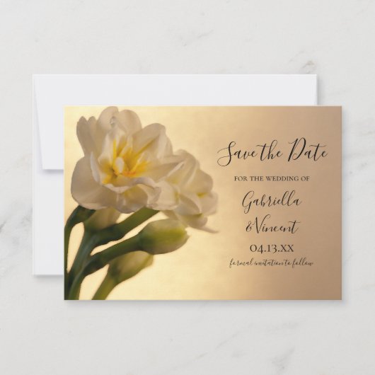 ホワイトダブルダッフォディルウェディング日付を保存 セーブザデート (正面)