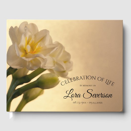 ホワイトダブルダフォディルお祝いの生涯の記念碑 ゲストブック (正面)