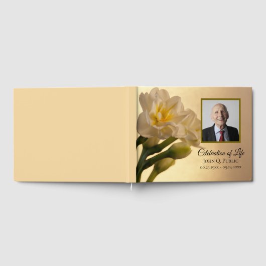 ホワイトダブルダフォディルお祝いの生涯の記念碑 ゲストブック (全面)