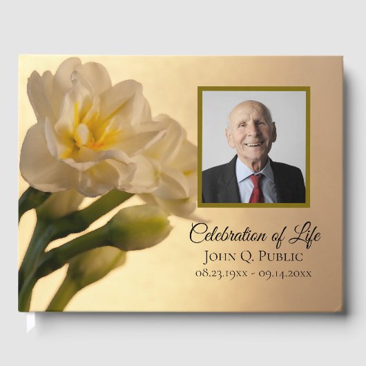 ホワイトダブルダフォディルお祝いの生涯の記念碑 ゲストブック (正面)