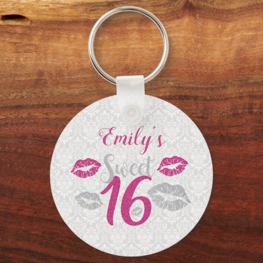 ホワイトダマスクとピンクとグレーのグリッター キーホルダー (正面)