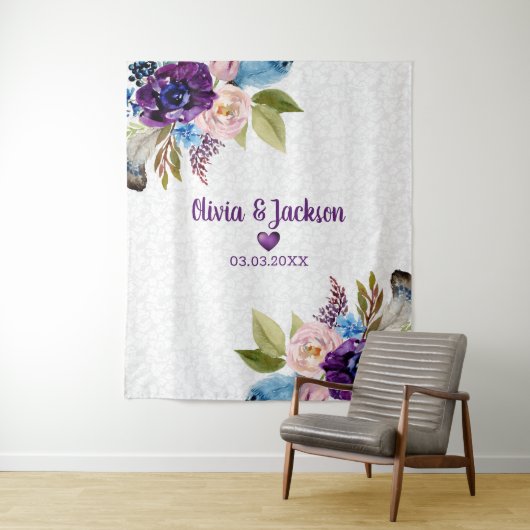 ホワイトダマスクと水彩花 タペストリー (インサイチュ)