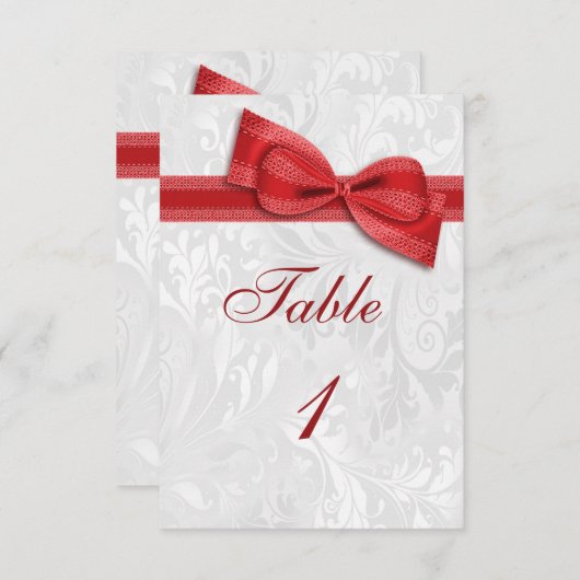 ホワイトダマスクと赤フェイク弓 招待状 (正面/裏面)