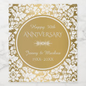 ホワイトダマスクと金ゴールドサークル – 50周年 ワインラベル (シングルラベル)